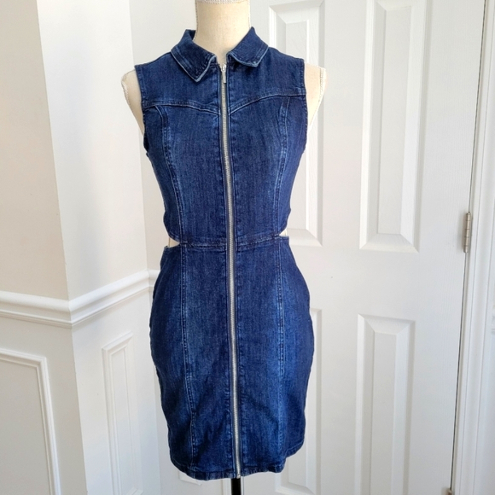 Bebe Front Zip Side Cut Out Denim Mini Dress